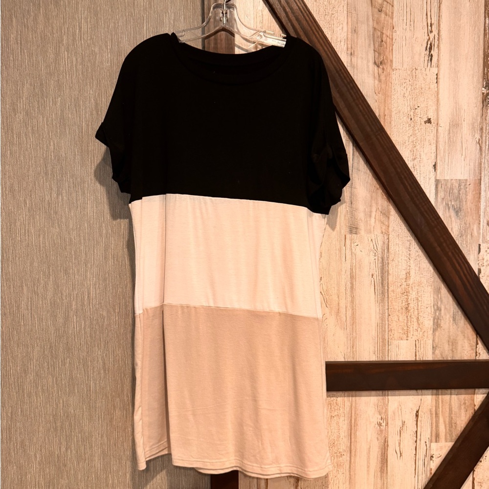 Colorblock Short Sleeve Tunic Dress - Black, White & Tan